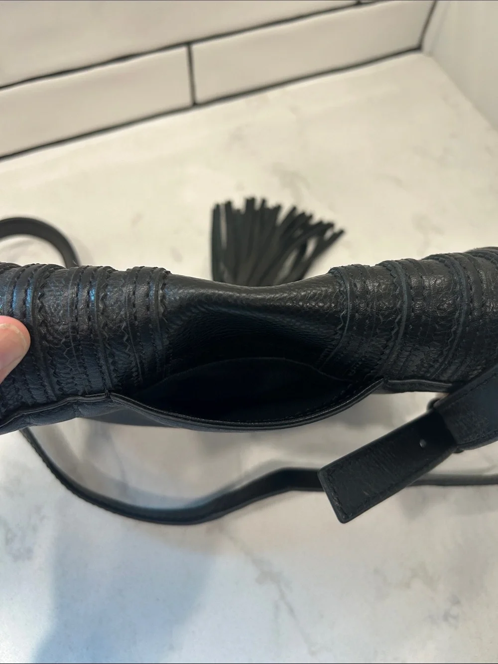 Fossil Emi Leather Tassel Crossbody Black Saddle Bag